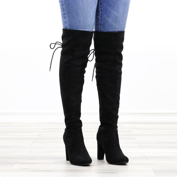 Black Over The Knee Heeled Boots Thigh High Suede With Lace Up Back - Picture 2 of 14